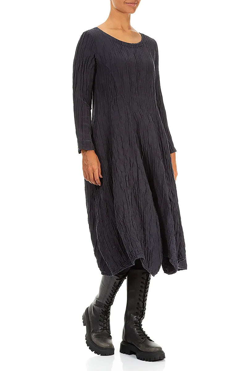 Flared Crinkled Graphite Blue Silk Linen Dress 3