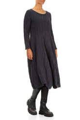 Flared Crinkled Graphite Blue Silk Linen Dress 3