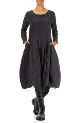 Flared Crinkled Graphite Blue Silk Linen Dress 4