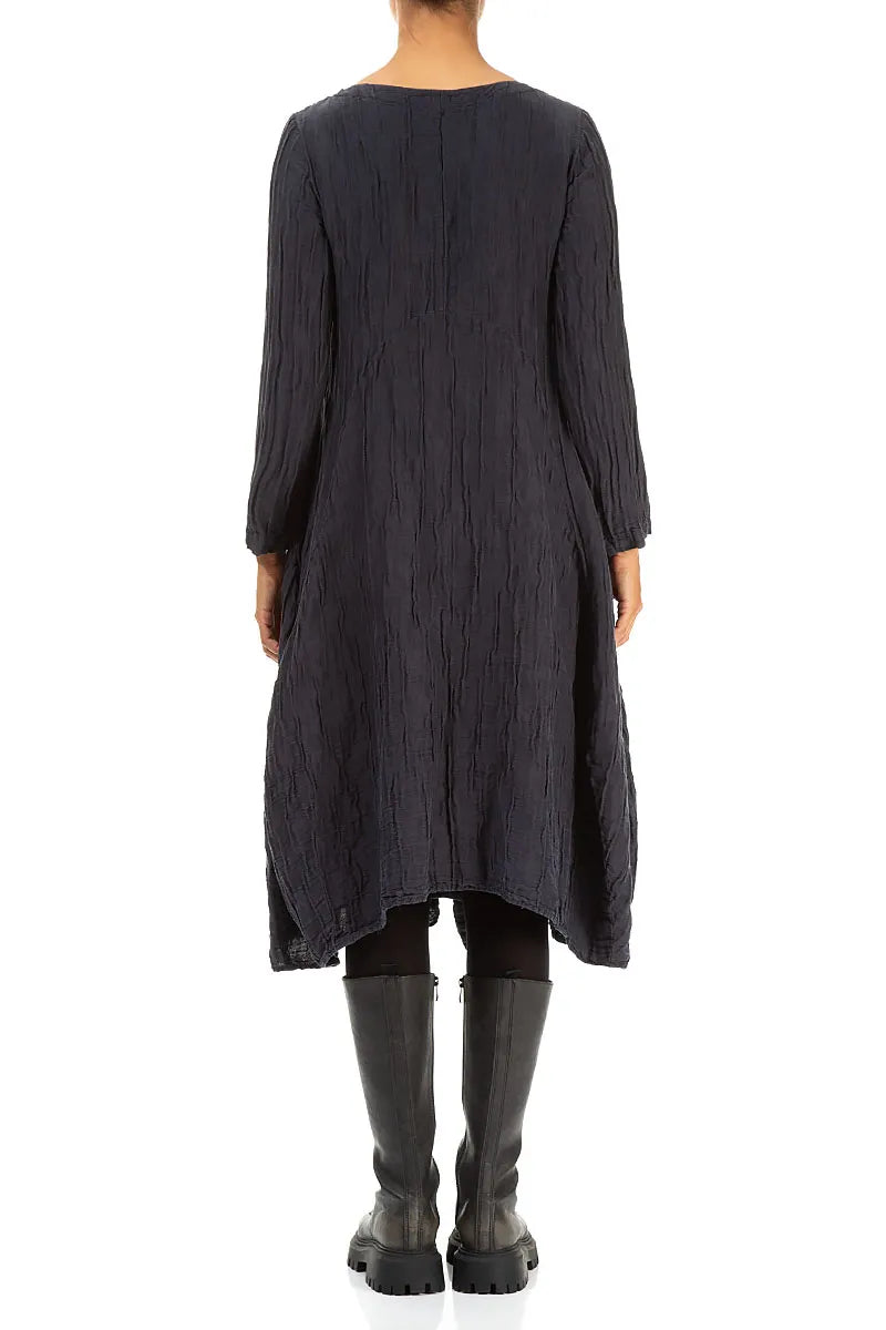 Flared Crinkled Graphite Blue Silk Linen Dress 2