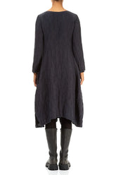 Flared Crinkled Graphite Blue Silk Linen Dress 2