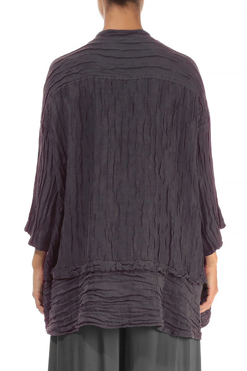 Flared Crinkled Slate Blue Silk Shirt 2