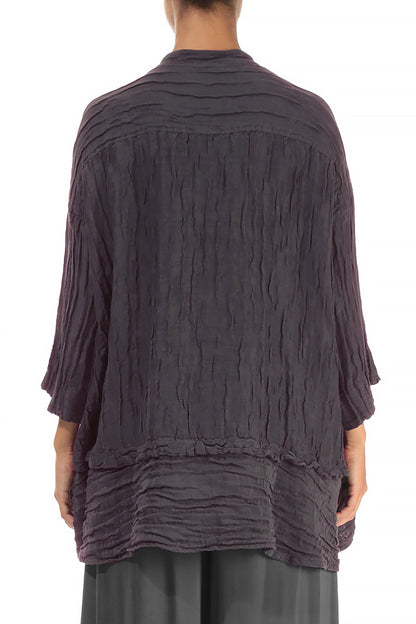 Flared Crinkled Slate Blue Silk Shirt 2