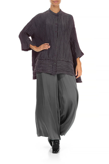 Flared Crinkled Slate Blue Silk Shirt 4