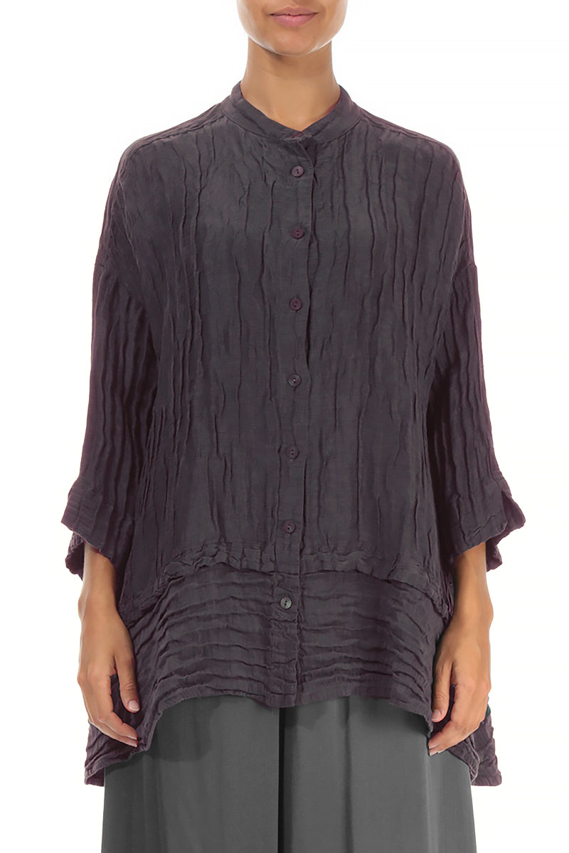 Flared Crinkled Slate Blue Silk Shirt 1