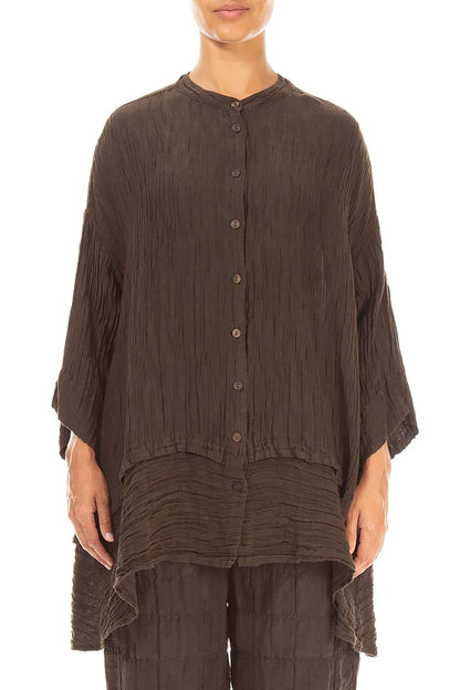 Flared Crinkled Truffle Brown Silk Shirt