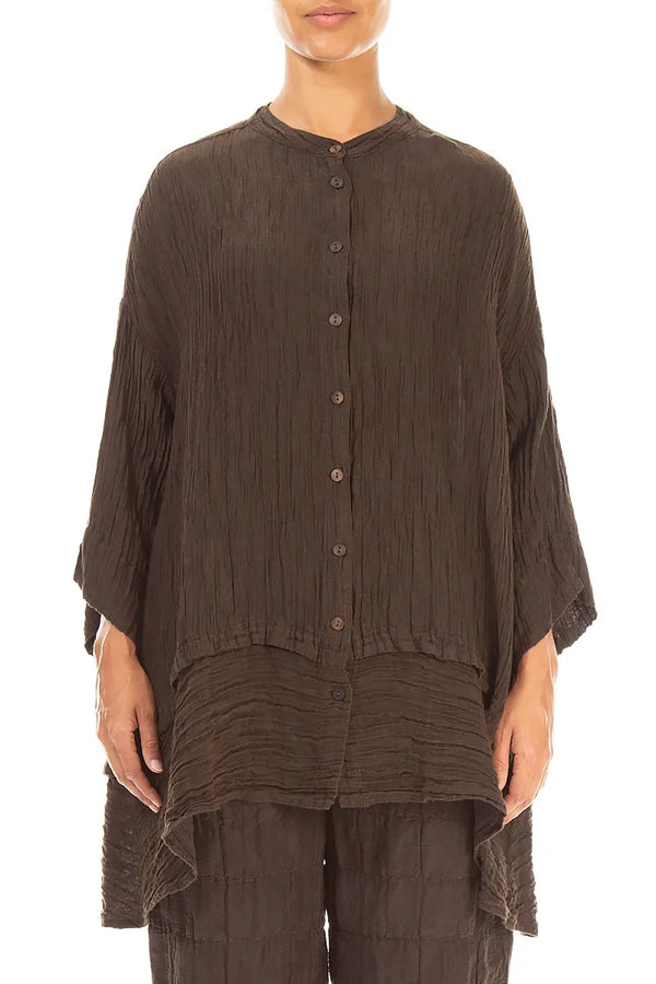 Flared Crinkled Truffle Brown Silk Shirt