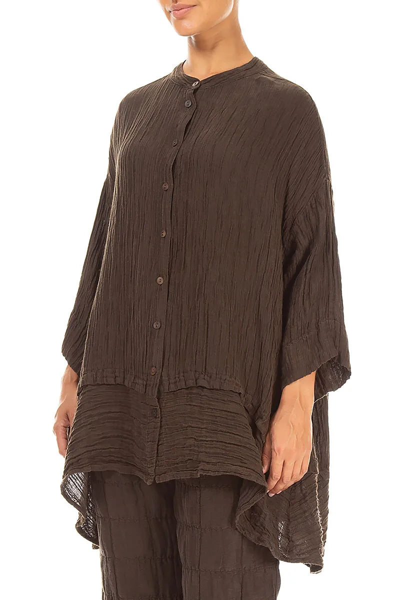 Flared Crinkled Truffle Brown Silk Shirt