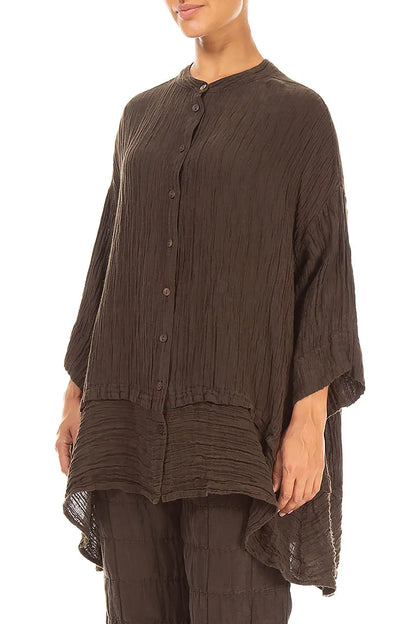 Flared Crinkled Truffle Brown Silk Shirt