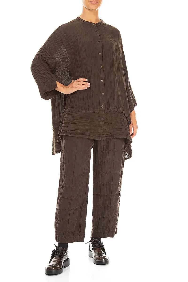Flared Crinkled Truffle Brown Silk Shirt