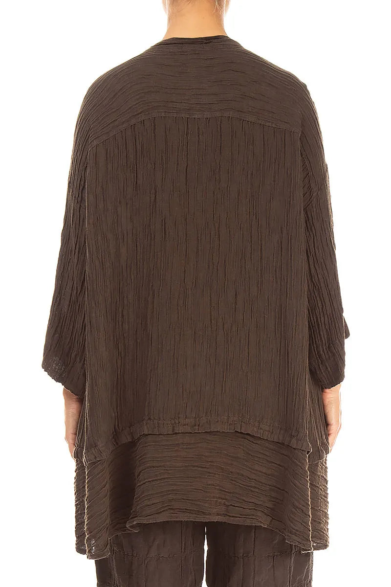 Flared Crinkled Truffle Brown Silk Shirt