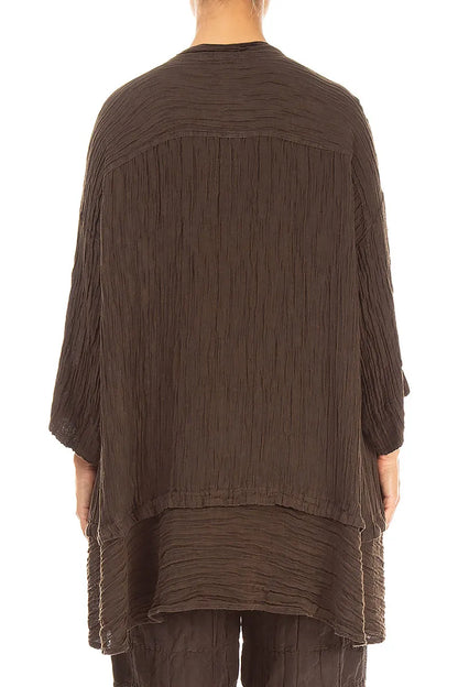 Flared Crinkled Truffle Brown Silk Shirt