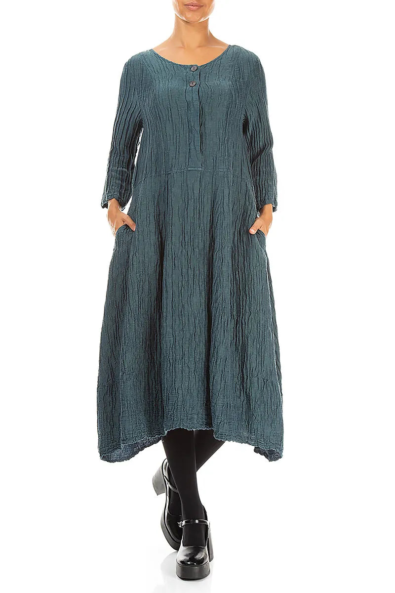 Flared Deep Turquoise Crinkled Silk Linen Dress 4