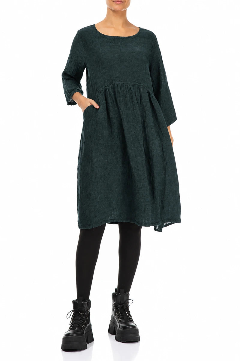Flared Deep Turquoise Mélange Linen Midi Dress