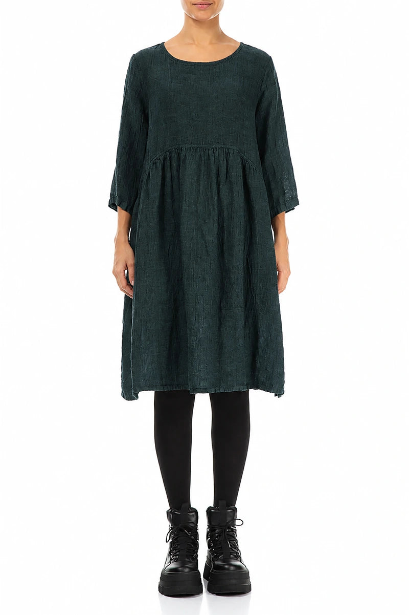 Flared Deep Turquoise Mélange Linen Midi Dress