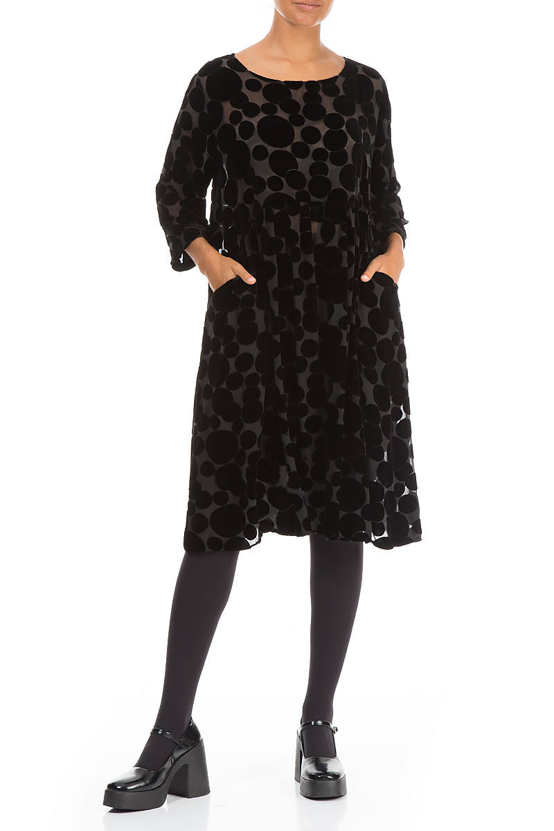 Flared Devoré Bubbles Black Silk Velvet Dress