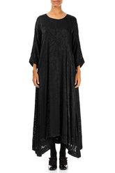 Flared Devoré Feather Black Silk Dress 1