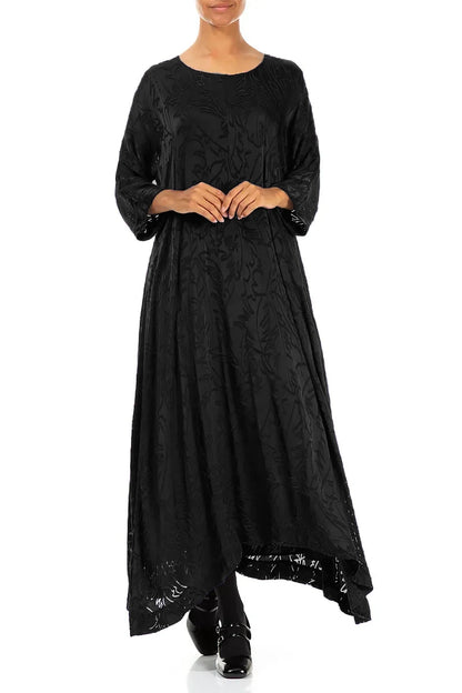 Flared Devoré Feather Black Silk Dress 4