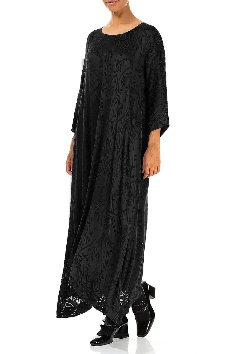 Flared Devoré Feather Black Silk Dress 3