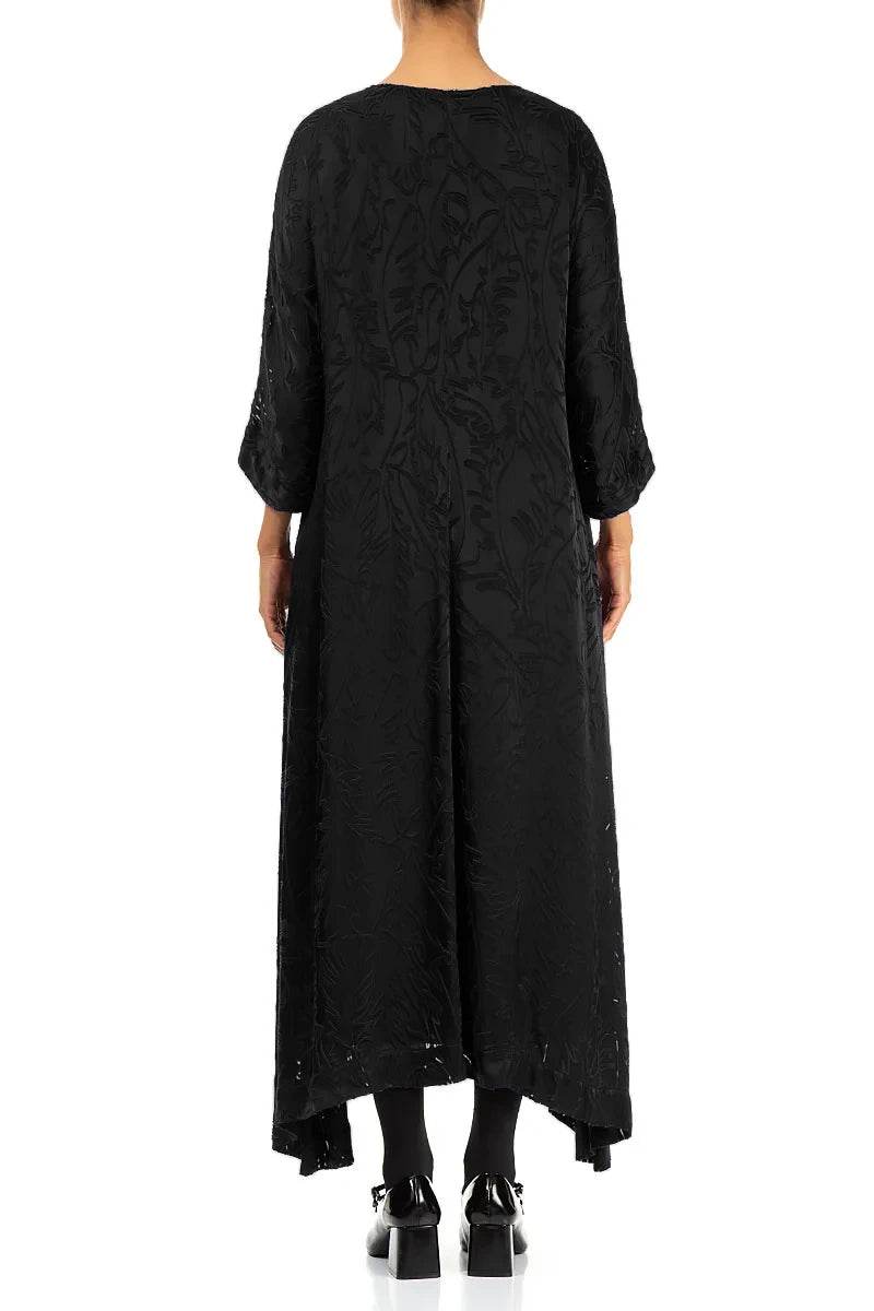 Flared Devoré Feather Black Silk Dress 2