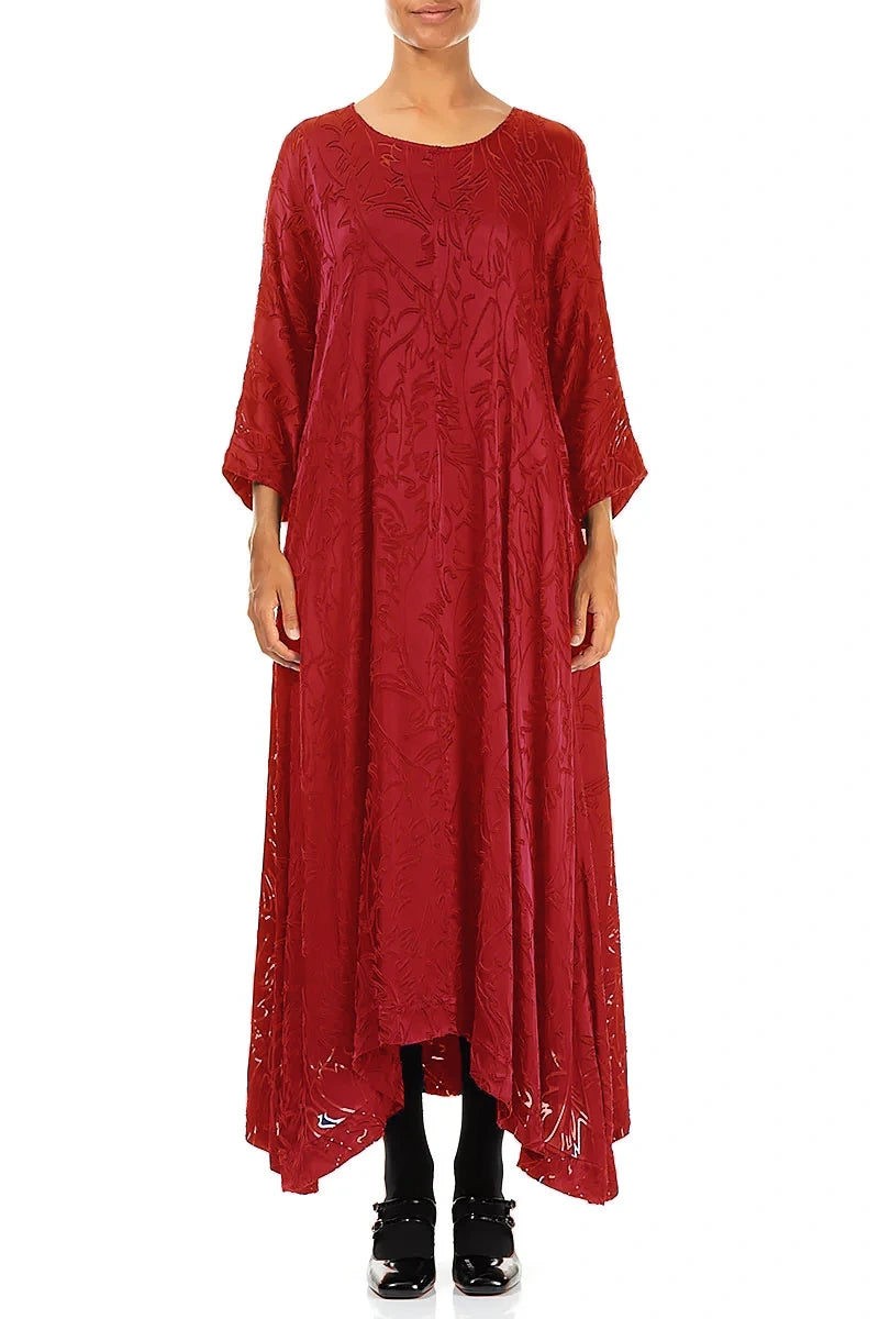 Flared Devoré Feather Cherry Red Silk Dress 1