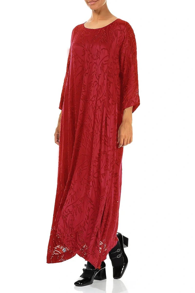 Flared Devoré Feather Cherry Red Silk Dress 3