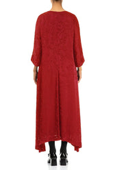 Flared Devoré Feather Cherry Red Silk Dress 2