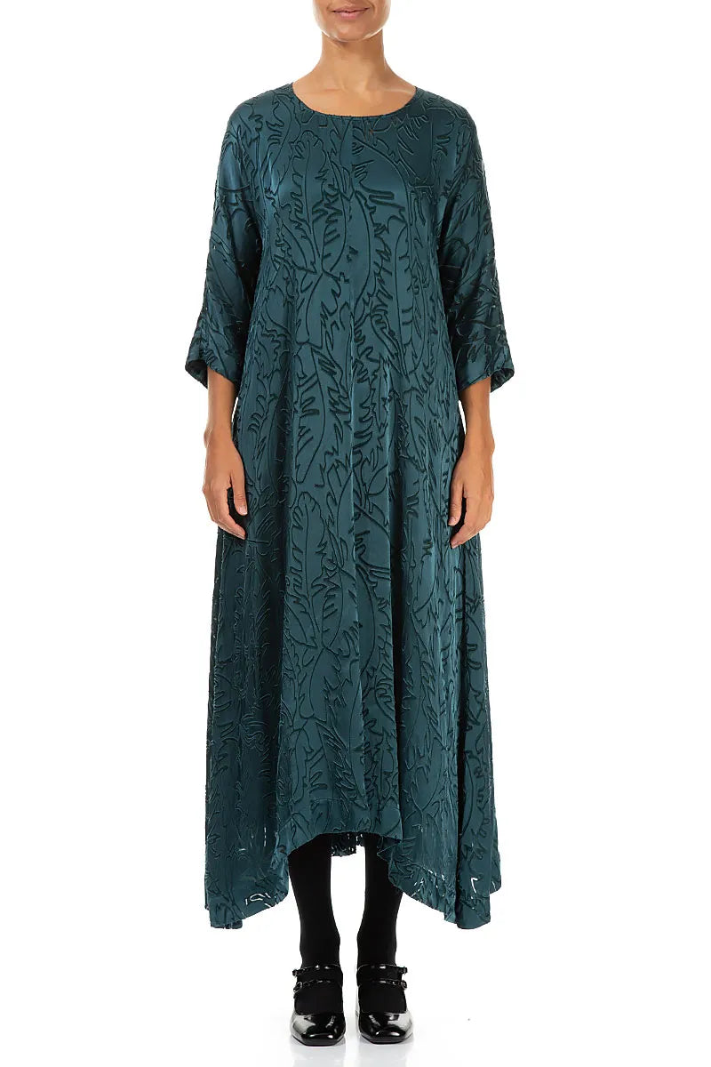 Flared Devoré Feather Peacock Silk Dress 1