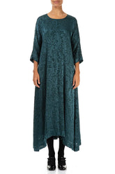 Flared Devoré Feather Peacock Silk Dress 1