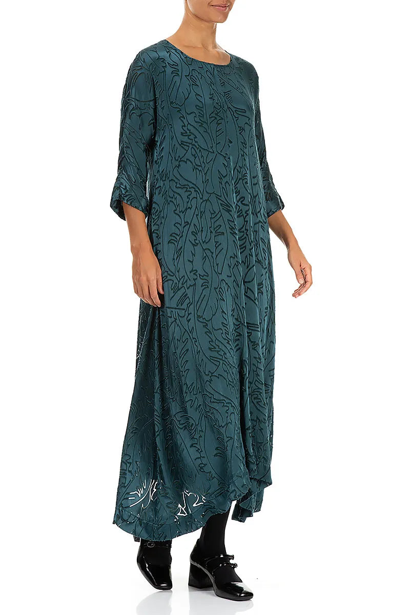 Flared Devoré Feather Peacock Silk Dress 3