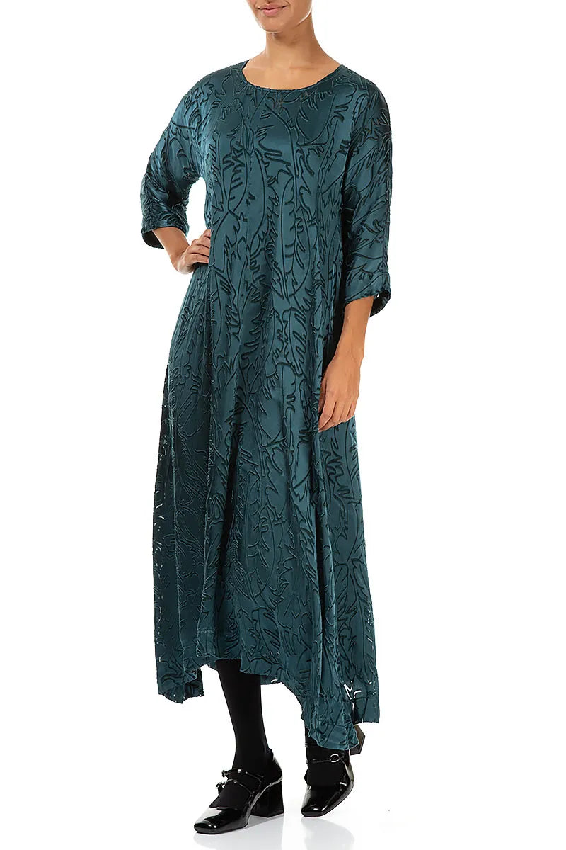 Flared Devoré Feather Peacock Silk Dress 4