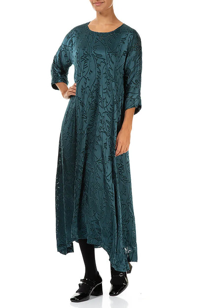 Flared Devoré Feather Peacock Silk Dress 4