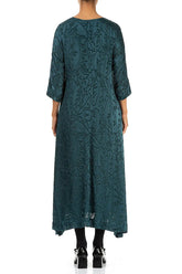 Flared Devoré Feather Peacock Silk Dress 2
