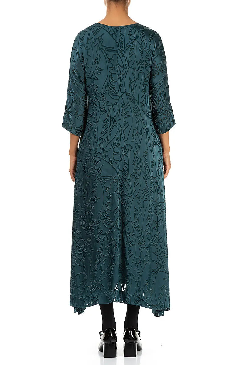 Flared Devoré Feather Peacock Silk Dress 2