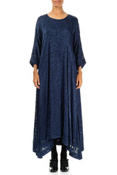 Flared Devoré Feather Royal Blue Silk Dress 1
