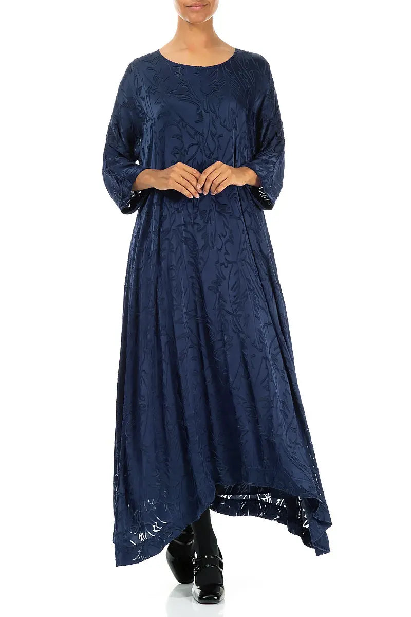 Flared Devoré Feather Royal Blue Silk Dress 4