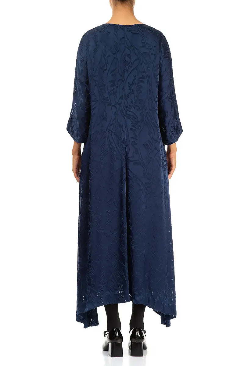 Flared Devoré Feather Royal Blue Silk Dress 2
