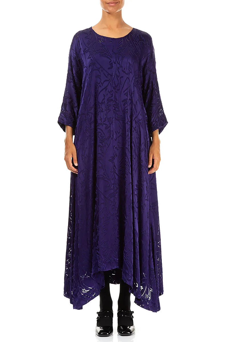 Flared Devoré Feather Royal Purple Silk Dress 1