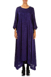 Flared Devoré Feather Royal Purple Silk Dress 1