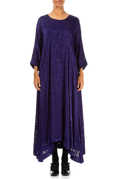 Flared Devoré Feather Royal Purple Silk Dress 1