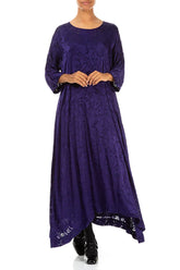 Flared Devoré Feather Royal Purple Silk Dress 4