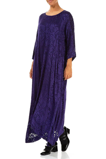 Flared Devoré Feather Royal Purple Silk Dress 3