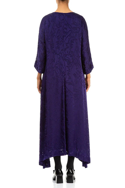 Flared Devoré Feather Royal Purple Silk Dress 2
