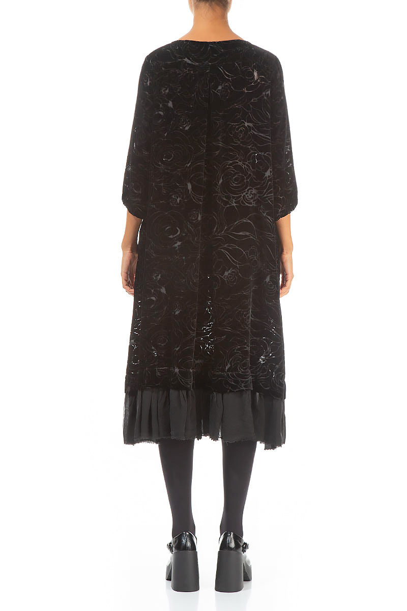 Flared Devoré Roses Black Silk Velvet Dress