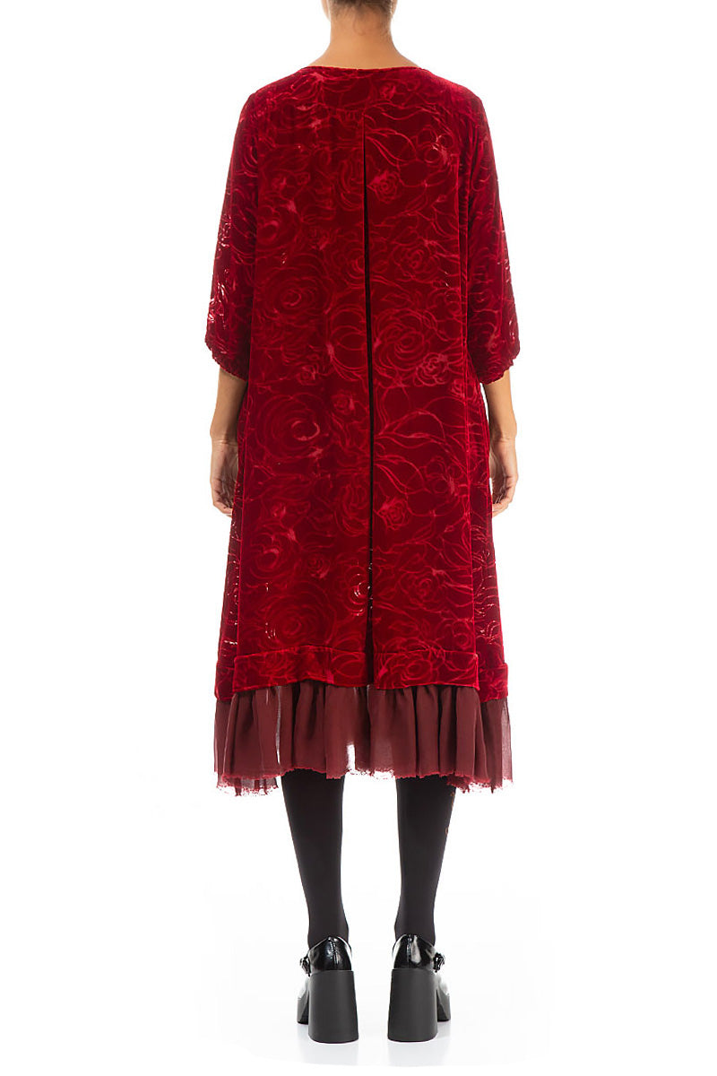 Flared Devoré Roses Cherry Red Silk Velvet Dress