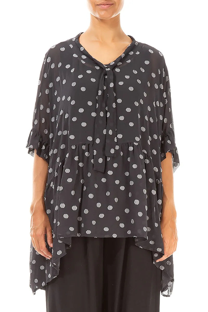 Flared Dotty Black Silver Silk Cotton Blouse 1