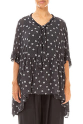 Flared Dotty Black Silver Silk Cotton Blouse 1