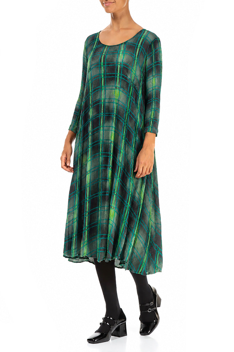 Flared Emerald Grid Silk Viscose Dress 3