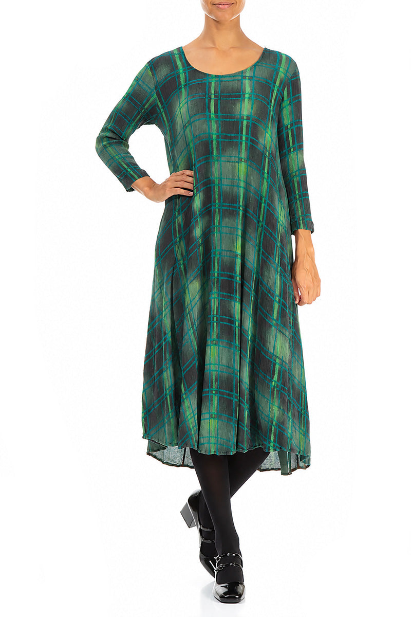 Flared Emerald Grid Silk Viscose Dress 4