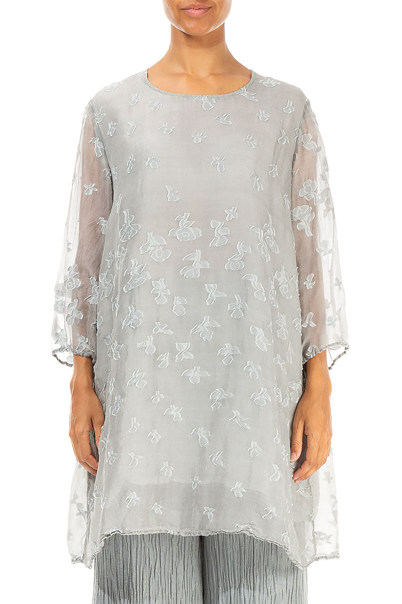 Flared Floral Light Grey Silk Tunic 1